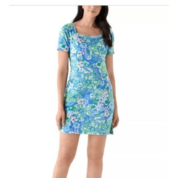 NWT Lilly Pulitzer - The Short Sleeved Lilly Shift Dress, Sunwashed Blue Plumes - Picture 1 of 13